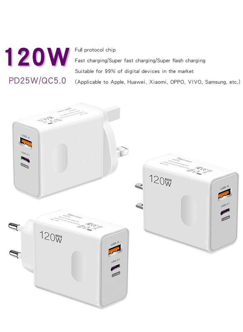120W UK 2 Ports Multifunctional Super Fast Charging Adapter Mobile Phone Charger Travel Power Adapter White  - Image 1