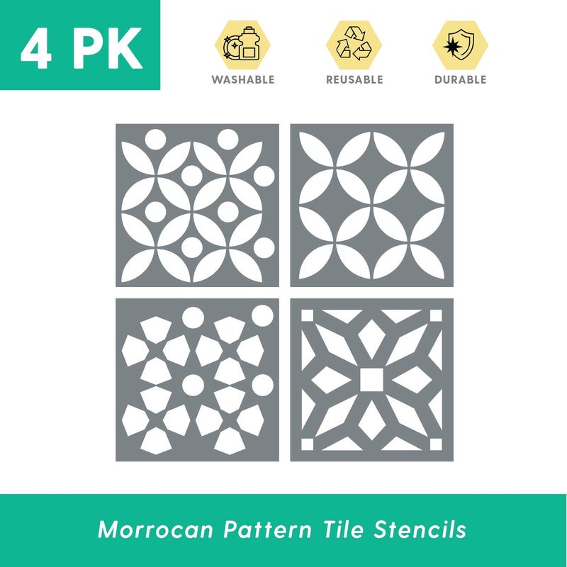 I Like That Lamp Pack of 4 Tile Stencil Set (4 x 4 inches), Moroccan Pattern, Reusable Stencils for Painting Floors/Walls/Furniture, Fits 4â€ x 4â€ Tiles, DIY Mandala Mosaic Home Decor, Made in USA - Image 2