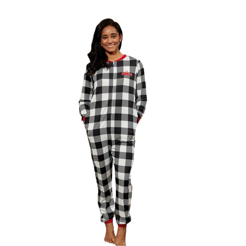 Popular Plaid Christmas Print Loungewear Long-Sleeve Set For Men And Women, Comfortable Zippered Clothing Set - Image 2