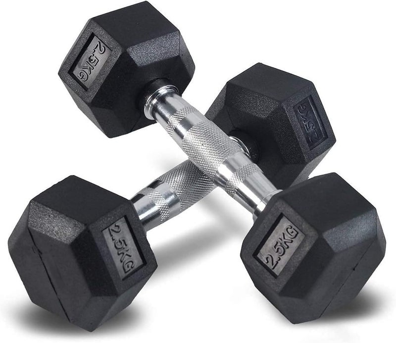 DEXO Hex Dumbbells Set 5KG (2 x 2.5KG) – Rubber Coated Cast Iron Dumbbells with Anti-Roll Design – Home & Gym Strength Training, Muscle Building, Fitness, Durable, Exercise Equipment, Workout Accessories - Image 3