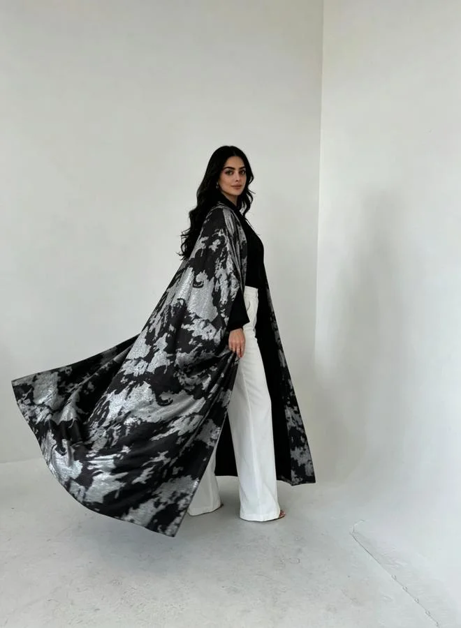 Take Two  Silver Abstract Print Open Front Abaya for Women | Best Price UAE