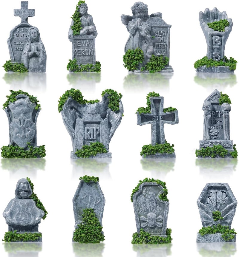 Bbiamsleep 12 Pcs Miniature Tombstones Figurine Mini Resin Tombstones Gravestone Multiple Sizes Style for Mini House Graveyard Scene Diorama Crafts Halloween Decor Accessories, Green - Image 1