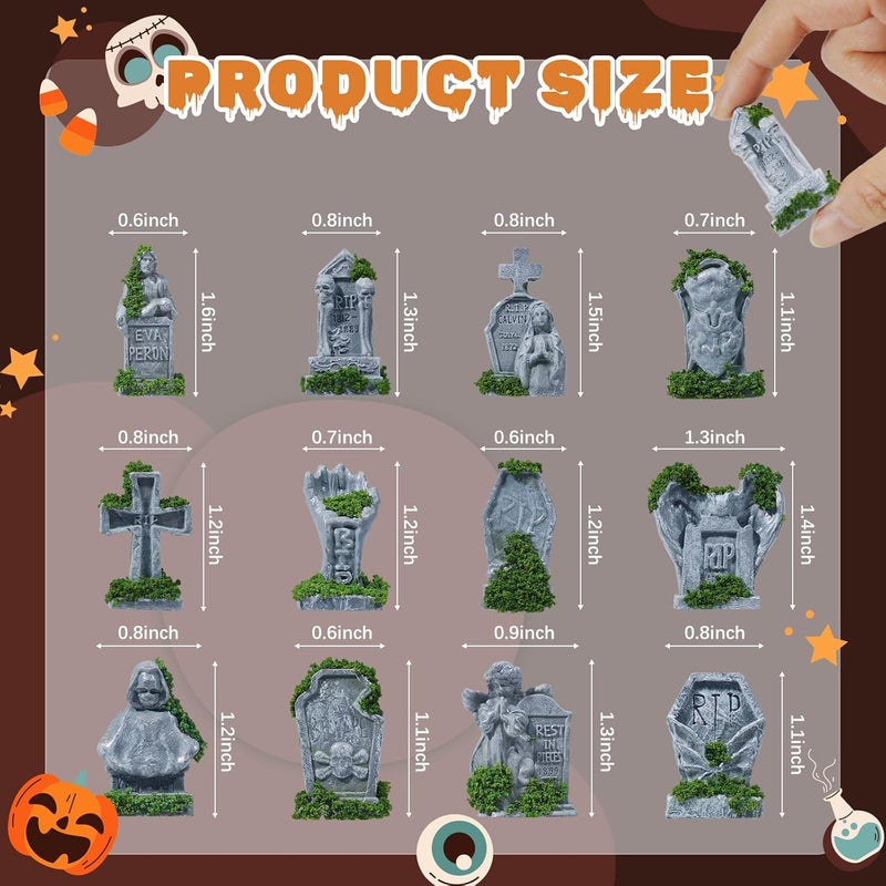 Bbiamsleep 12 Pcs Miniature Tombstones Figurine Mini Resin Tombstones Gravestone Multiple Sizes Style for Mini House Graveyard Scene Diorama Crafts Halloween Decor Accessories, Green - Image 2