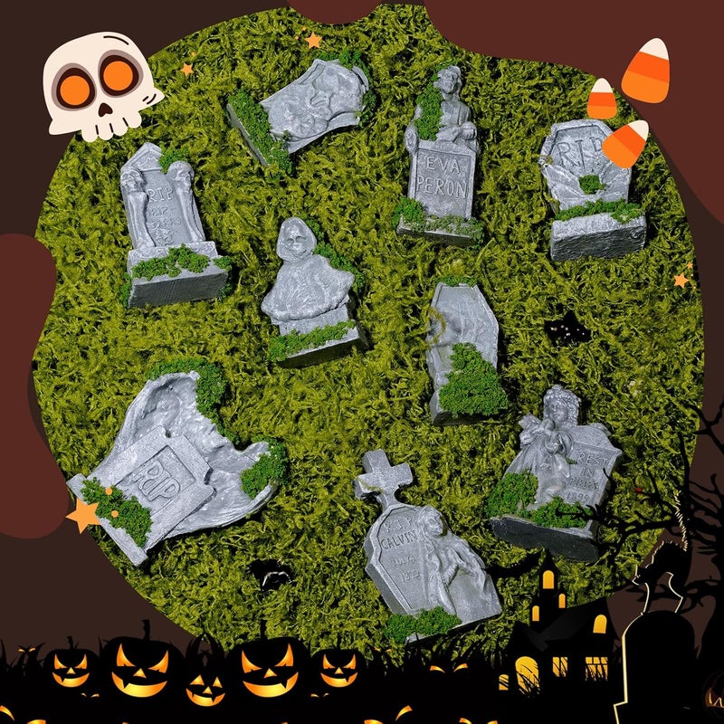 Bbiamsleep 12 Pcs Miniature Tombstones Figurine Mini Resin Tombstones Gravestone Multiple Sizes Style for Mini House Graveyard Scene Diorama Crafts Halloween Decor Accessories, Green - Image 5
