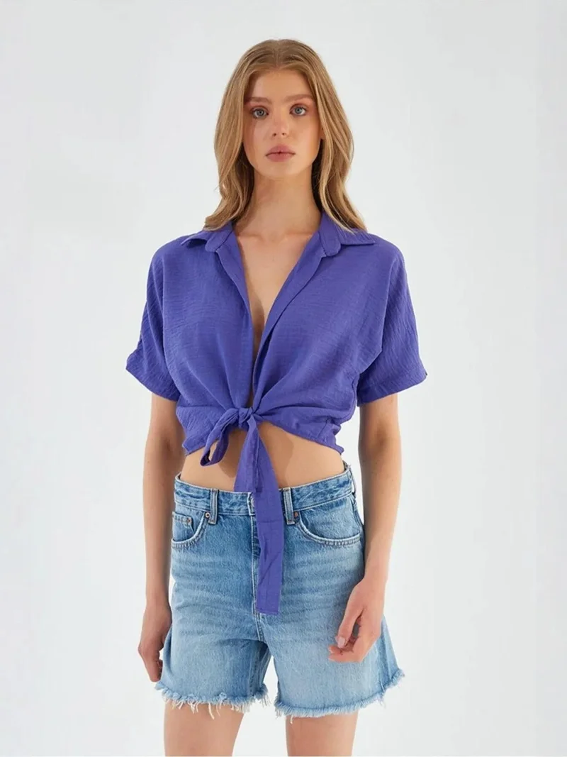 MixRay Mixray V-Neck Tie Closure Slim Fit Crop Shirt