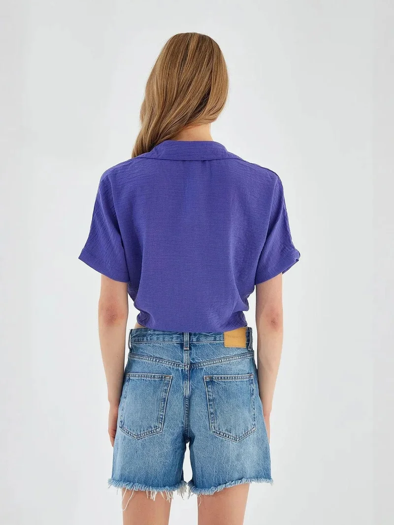 MixRay Lilac Purple Mixray V-Neck Tie Closure Slim Fit Crop Shirt for Women | Best Price UAE