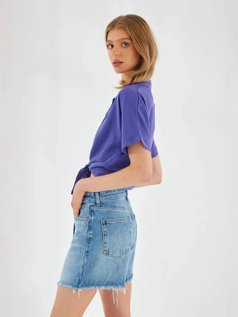MixRay Lilac Purple Mixray V-Neck Tie Closure Slim Fit Crop Shirt for Women | Best Price UAE