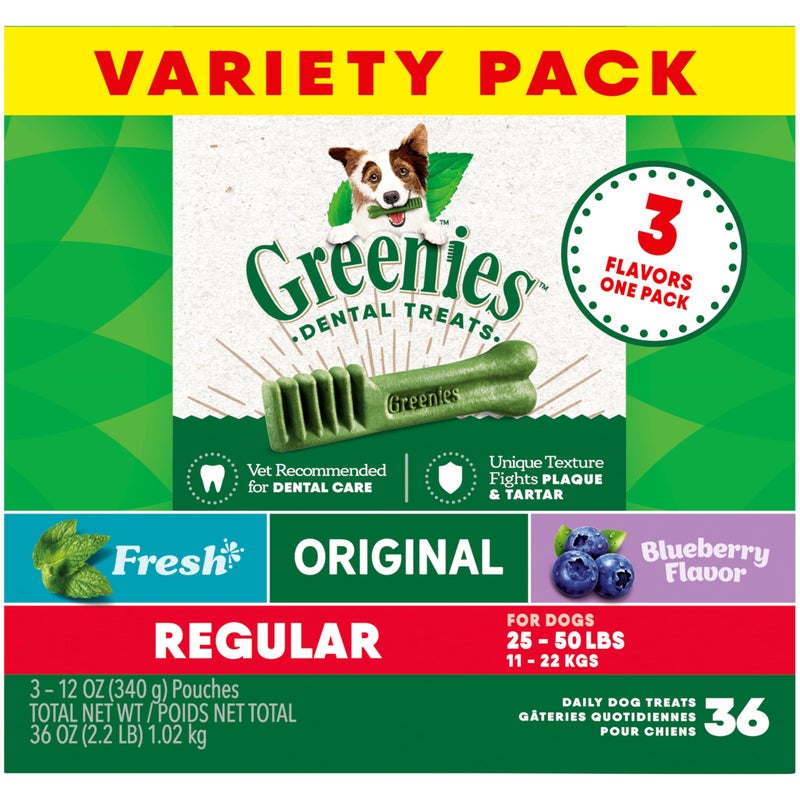 Greenies Veterinarian-Recommended Adult Natural Dental Dog Treats Regular Size, Fresh Flavor, Original Flavor, and Blueberry Flavor, (3) 12 oz. Packs, 36 Count - Image 1