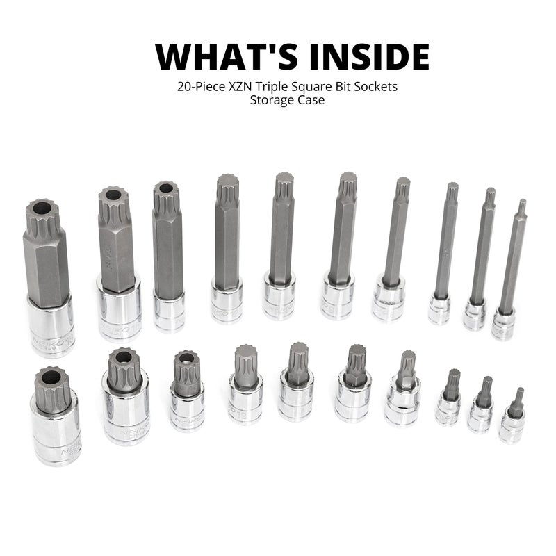 NEIKO 10057A XZN Triple Square Bit Set, 20-Piece, Extra Long 4" Spline Socket, 4mm to 18mm, 12 Point Tamperproof, Square Drive, S2 & Cr-V Steel - Image 5