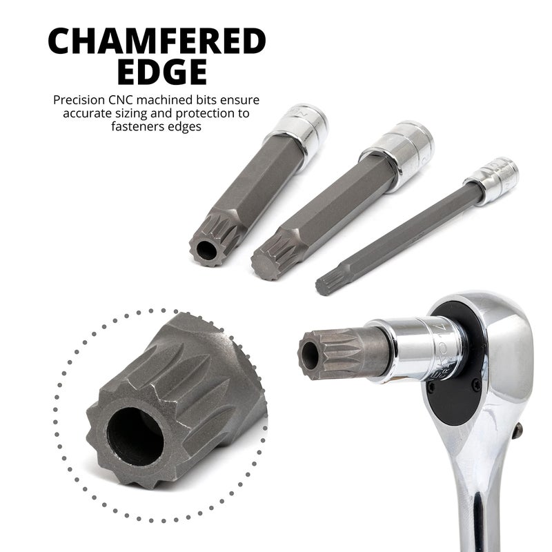 NEIKO 10057A XZN Triple Square Bit Set, 20-Piece, Extra Long 4" Spline Socket, 4mm to 18mm, 12 Point Tamperproof, Square Drive, S2 & Cr-V Steel - Image 4