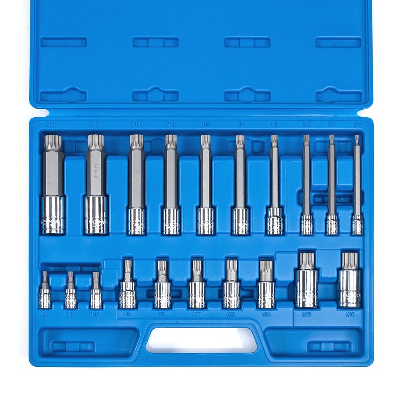 NEIKO 10057A XZN Triple Square Bit Set, 20-Piece, Extra Long 4" Spline Socket, 4mm to 18mm, 12 Point Tamperproof, Square Drive, S2 & Cr-V Steel - Image 1