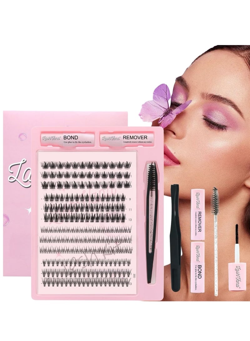 lashvana 264pcs 4 Styles DIY Lash Extension Kit Eyelash Clusters with Lash Glue Tweezer and Remover Natural C Curl Personal Eyelash Set Easy to Apply at Home 9 11 13mm - Image 1