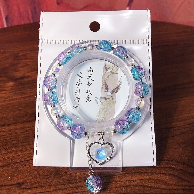 New Heart Crystal Beaded Bracelet Glass Charm Jewelry for Kids, Sweet and Fresh Student Gift