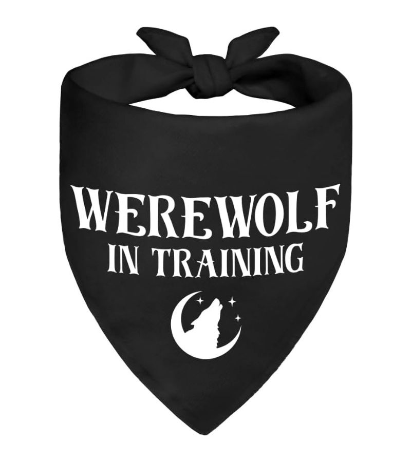 One Size 24.8x11 Inch Werewolf In Training Black Dog Bandana For Dog Lover New Pet Owner Wolf Howling Moon Silhouette Pet Bandana Photo Prop Spooky Pet Accessory Present For Puppy Dad Mom - Image 1