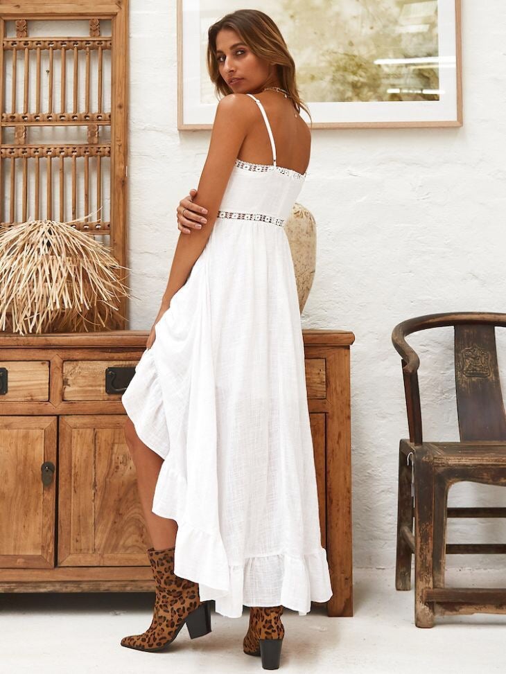 AliExpress eBay2021 Europe and the United States new sling v-neck sexy hollow stitching lace waist dress white M - Image 2