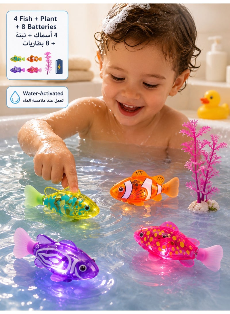 Llzzichu 4 Pack Electric Light-Up Sensor Fish Toys with Aquatic Plant Toy and 8 Batteries, Water-Activated Auto Swimming LED Bath Toys for Kids, Pets, Bathtub, Pool and Basin Play - Image 1