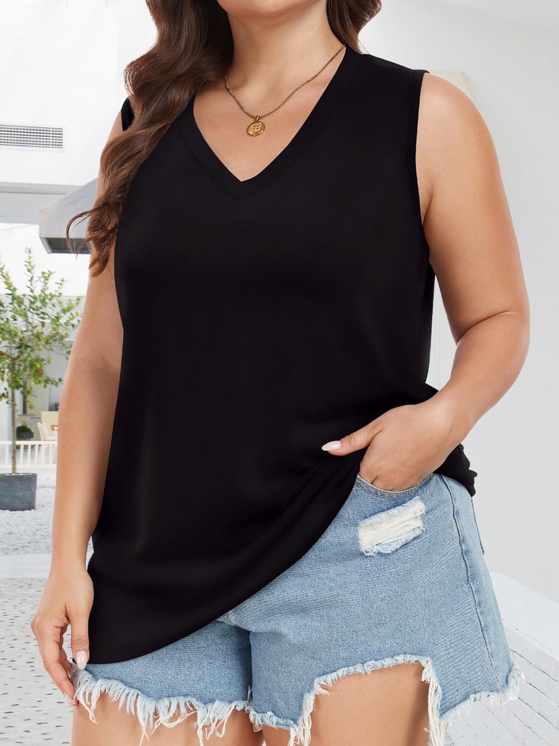 JOELLYUS Plus Size Tank Tops for Women V Neck Sleeveless Top Loose Fit Tees Workout Shirts(Black,3XL) - Image 3