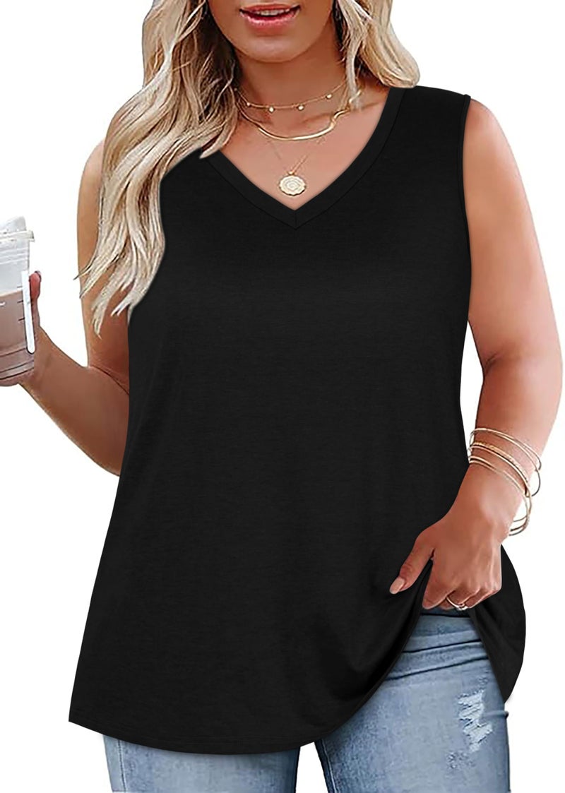 JOELLYUS Plus Size Tank Tops for Women V Neck Sleeveless Top Loose Fit Tees Workout Shirts(Black,3XL) - Image 1