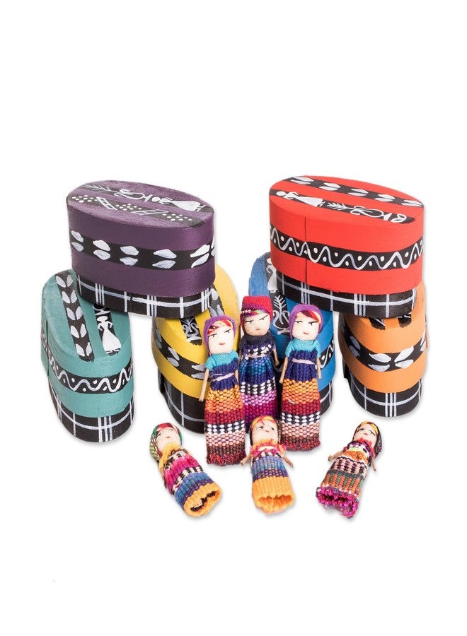 NOVICA Artisan Handmade Boxed Worry Dolls Six Cotton Pinewood Boxes from Guatemala Multicolor Decor Accessories Decorative Puppets Recycled Cultural [boxes 6 1.6in L x 3.1in W Dolls 6 2.4in H x 0.8in] - Image 1