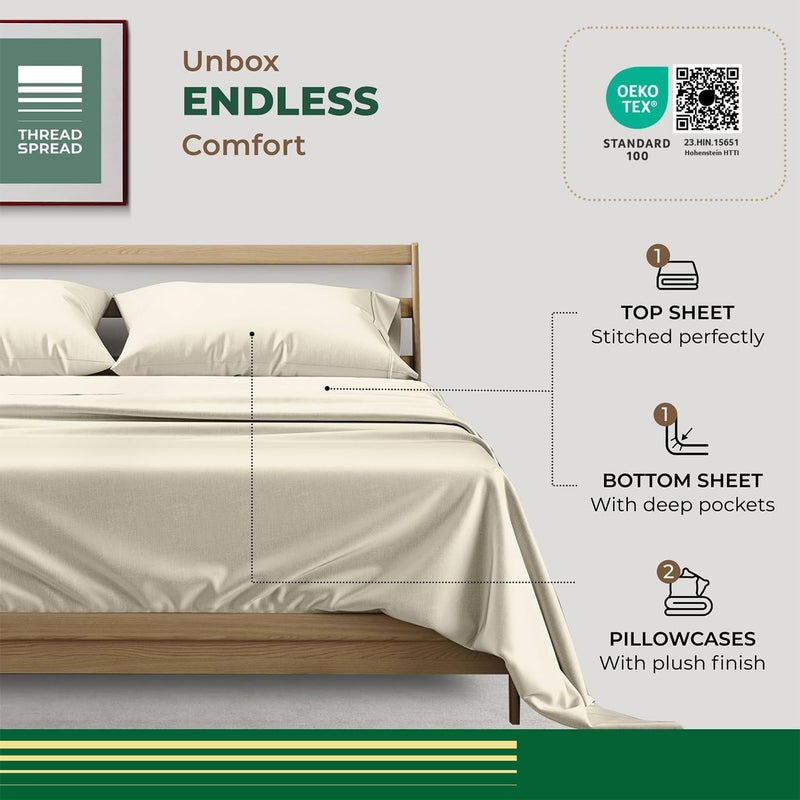 THREAD SPREAD 100% Organic Cotton Sheets Full Size - 4 PC Organic Cotton Full Percale Size Weave Sheet Set, Soft, Cooling, Crisp & Breathable, 16" Deep Pocket Hotel Quality Bedding Set - Ivory - Image 3