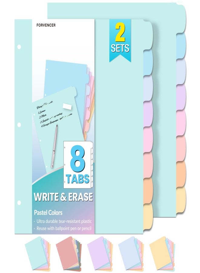 Forvencer 8-Tab Binder Dividers with Tabs, 2 Sets Write&Erase Plastic Dividers for 3 Ring Binder, Durable Binder Tabs for Organizers, 3 Ring Binder Dividers with Tabs for School Office, Pastels - Image 1