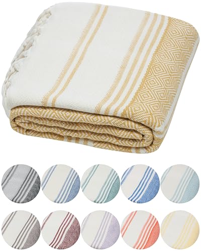 DEMMEX Organic Diamond Turkish Bath & Beach Towel | 100% Oeko-TEX Certified Turkish Cotton, Ultra-Soft, Quick-Dry, Lightweight, Compact & Oversized Luxury Peshtemal Towel, Prewashed, 71"x36", Mustard - Image 1