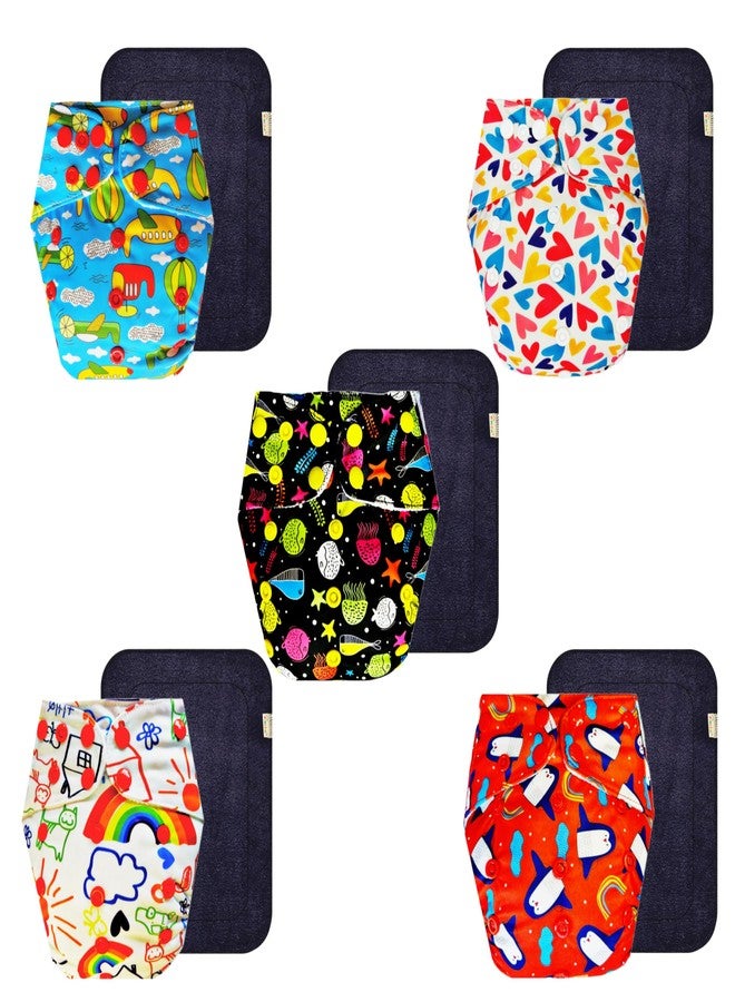 حفاضات قماشية فاخرة من دمبلدو مع حشوة سوداء (عبوة من 5) | شعور بالجفاف والراحة | مانعة للتسرب | سريعة الجفاف | مثالية لفصل الصيف الهندي | من 3 أشهر إلى 3 سنوات | مناسبة للجنسين - Image 1