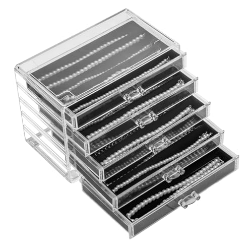 YUFONG Necklace Holder Organizer, Dustproof Necklace Box Velvet Necklace Organizer Box with Lid Clear Acrylic Dustproof Stackable Jewelry Displays for Necklaces Chain Display (Black, 5 Drawer) - Image 1