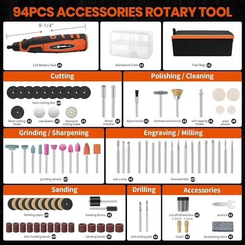 HARDELL 12V Cordless Rotary Tool, 6-Speeds Rotary Tool Kit, 30000RPM Power Rotary Tools with 94 Accessories for Engraving, Sanding, Polishing, Cutting, Carving, DIY and Craft Projects - Image 2