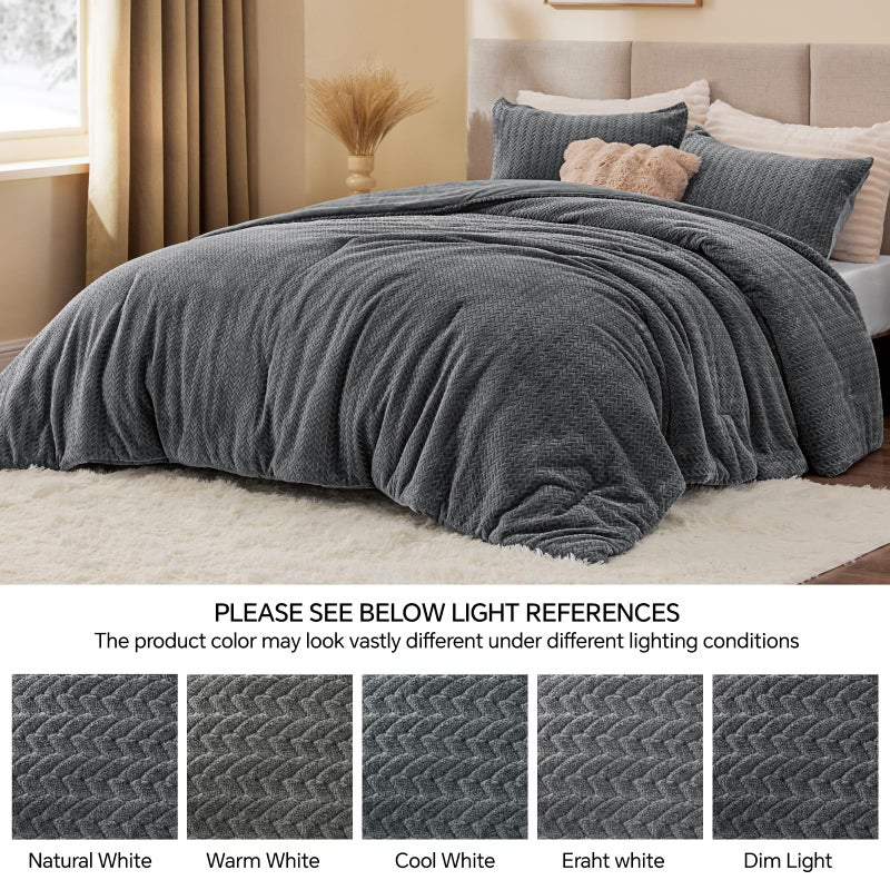ChiXpace Flannel Fleece Comforter King Set - Furry Grey Leaves Pattern Faux Fur Bed Set, Winter Ultra Soft Fuzzy Comfort Set, Velvet Bedding Set for Bed with 2 Pillow Cases - Image 5