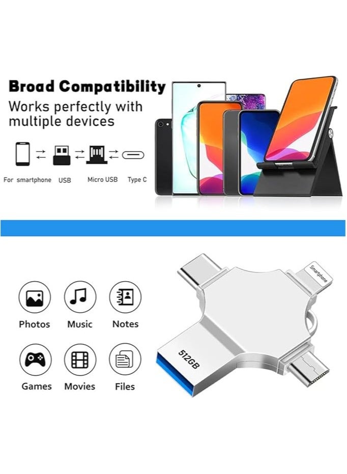 USB Flash Drive 512GB - 4 in 1 USB Stick Large Capacity USB Memory Stick High Speed Thumb Drive 512GB External Storage for Smartphone/OTG Android/Computer/Tablet/Laptop - Image 5