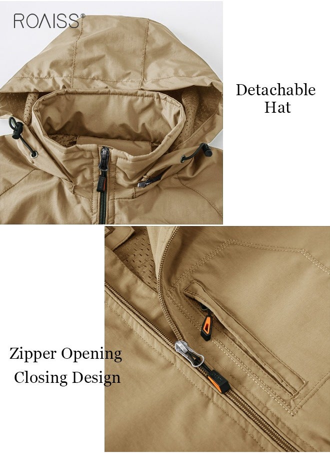 roaiss - Men's Casual Waterproof Jacket Zipper Closure Hood Windproof Coat Pockets at Sides and Chest - Image 1