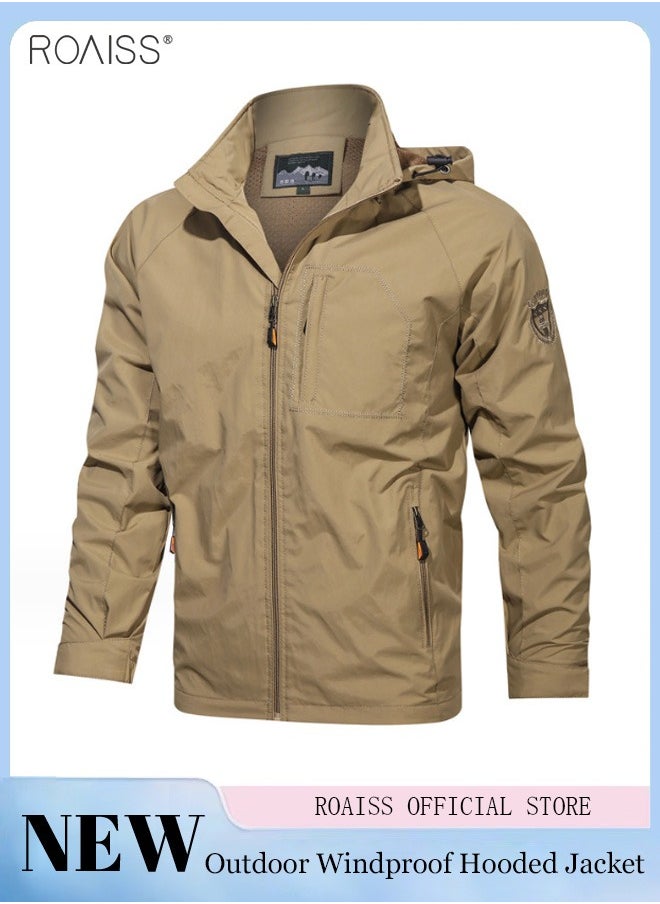 roaiss - Men's Casual Waterproof Jacket Zipper Closure Hood Windproof Coat Pockets at Sides and Chest - Image 1