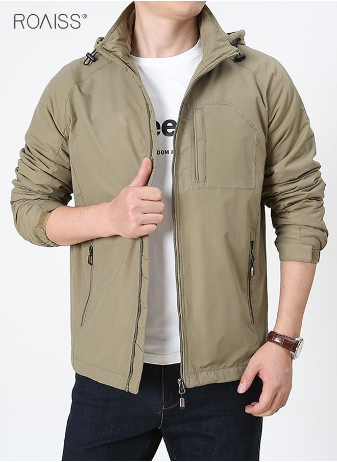 roaiss - Men's Casual Waterproof Jacket Zipper Closure Hood Windproof Coat Pockets at Sides and Chest - Image 1