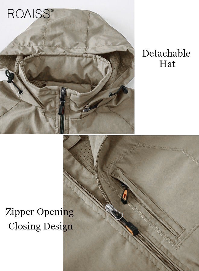 رويس جاكيت رجالي كاجوال مقاوم للماء مع سحاب للإغلاق وغطاء للرأس ومقاوم للرياح وجيوب على الجانبين والصدر فضفاض ومبطن وقابل للتنفس بلون سادة متعدد الاستخدامات وغطاء للرأس وأزياء يومية غير رسمية للرجال باللون الكاكي - Image 5