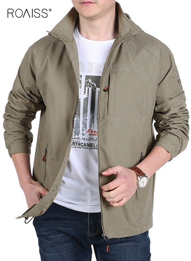 رويس جاكيت رجالي كاجوال مقاوم للماء مع سحاب للإغلاق وغطاء للرأس ومقاوم للرياح وجيوب على الجانبين والصدر فضفاض ومبطن وقابل للتنفس بلون سادة متعدد الاستخدامات وغطاء للرأس وأزياء يومية غير رسمية للرجال باللون الكاكي - Image 3