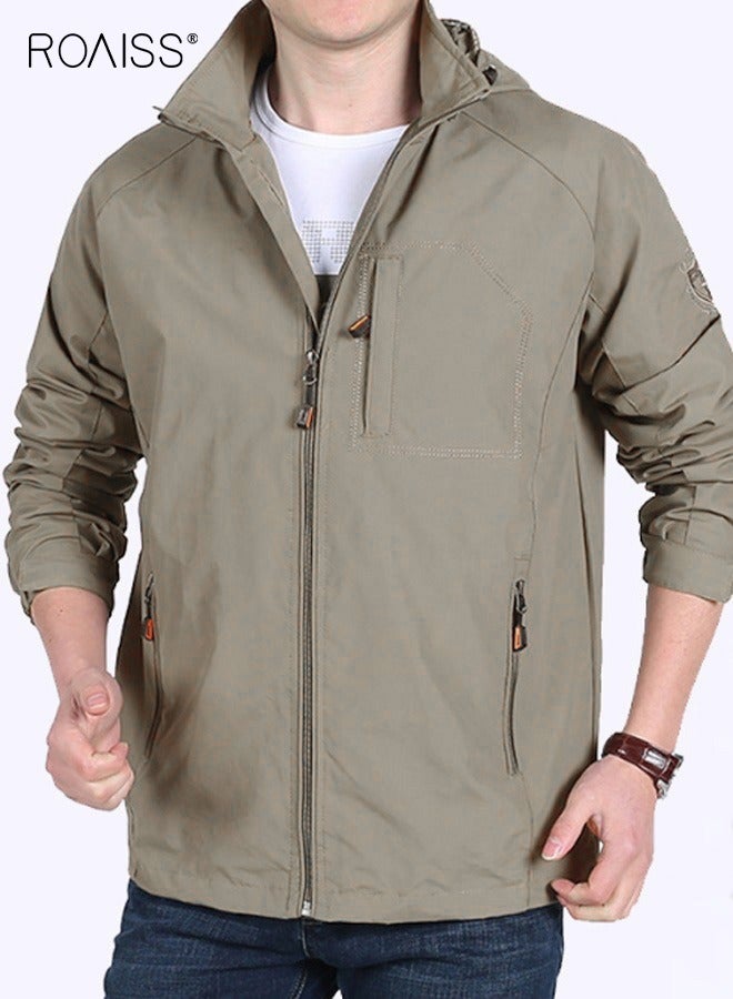 رويس جاكيت رجالي كاجوال مقاوم للماء مع سحاب للإغلاق وغطاء للرأس ومقاوم للرياح وجيوب على الجانبين والصدر فضفاض ومبطن وقابل للتنفس بلون سادة متعدد الاستخدامات وغطاء للرأس وأزياء يومية غير رسمية للرجال باللون الكاكي - Image 4
