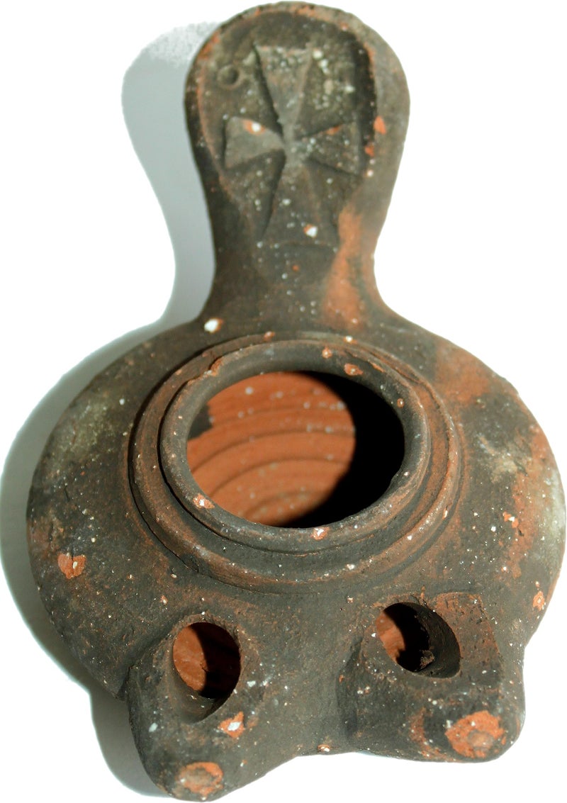 Holy Land Market Holy Land Market Antique Crusader Two 2Wick Clay Oil Lamp  Herodian Style Ancient Heritage 