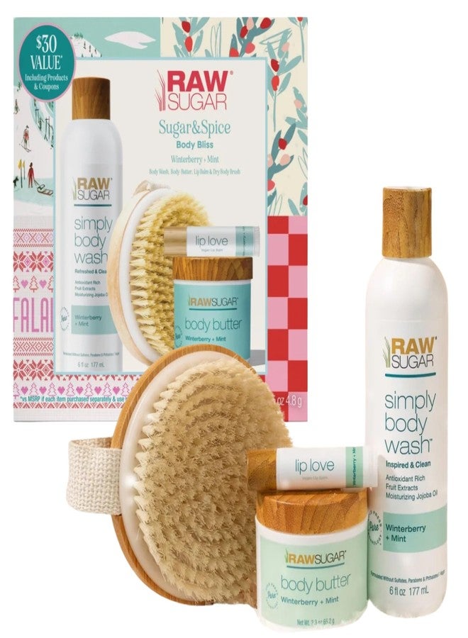 Raw Sugar Body Bliss Gift Set, Winterberry + Mint, Body Wash 6 fl oz, Body Butter 2.3 oz, Lip Balm and Body Brush - Image 1