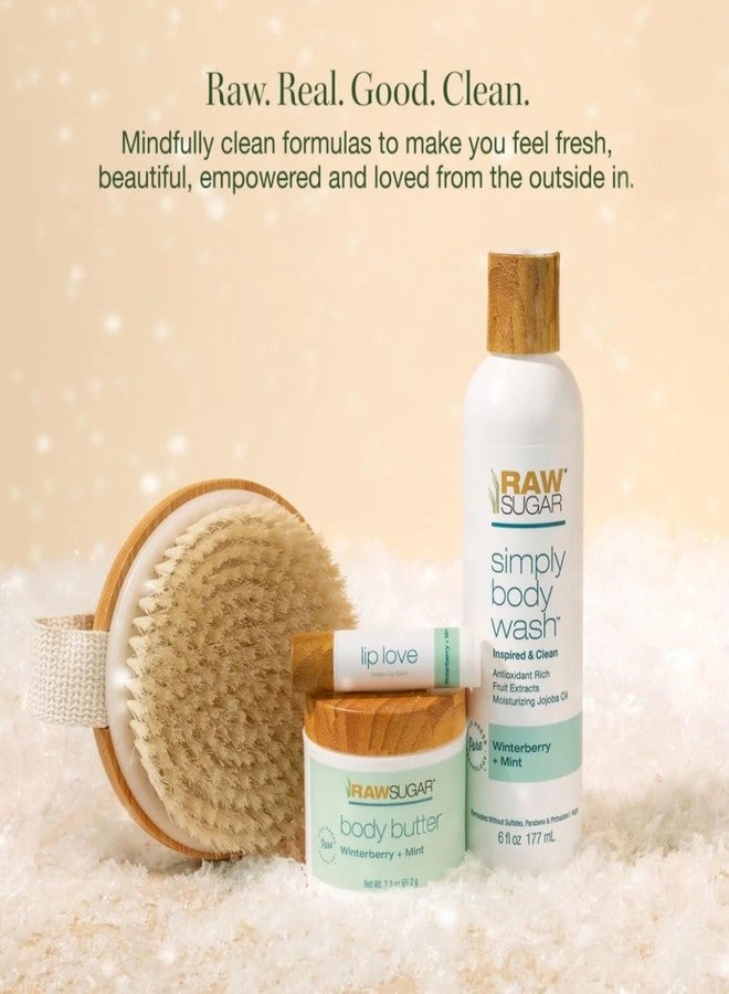 Raw Sugar Body Bliss Gift Set, Winterberry + Mint, Body Wash 6 fl oz, Body Butter 2.3 oz, Lip Balm and Body Brush - Image 2