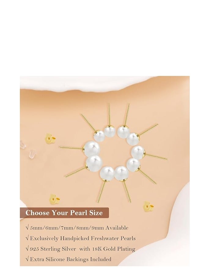 Hain 5MM Freshwater Pearl Stud Earrings for Women, Hypoallergenic 18K Gold Vermeil Earrings Studs with Genuine Round White Pearls - Image 3
