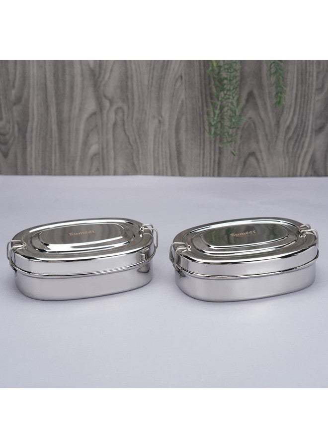 Sumeet Stainless Steel Rectangle Lunch Box/Tiffin with 2 Compartments and Locking Clip, Set of 2 Pcs, 650ML, Ideal for 2 Person - Silver - Image 1