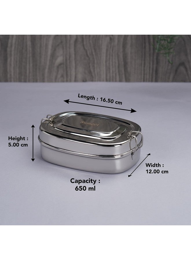 Sumeet Stainless Steel Rectangle Lunch Box/Tiffin with 2 Compartments and Locking Clip, Set of 2 Pcs, 650ML, Ideal for 2 Person - Silver - Image 4