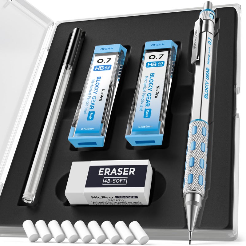 نيكبرو مجموعة أقلام رصاص ميكانيكية نيكبرو بلوكي جير 0.7 مم في علبة، قلم رصاص معدني مع عبوات إعادة تعبئة الرصاص، ممحاة للكتابة الفنية الاحترافية وللبالغين والرسم الهندسي - Image 1