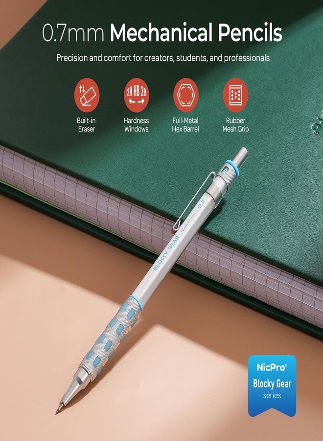 نيكبرو مجموعة أقلام رصاص ميكانيكية نيكبرو بلوكي جير 0.7 مم في علبة، قلم رصاص معدني مع عبوات إعادة تعبئة الرصاص، ممحاة للكتابة الفنية الاحترافية وللبالغين والرسم الهندسي - Image 2