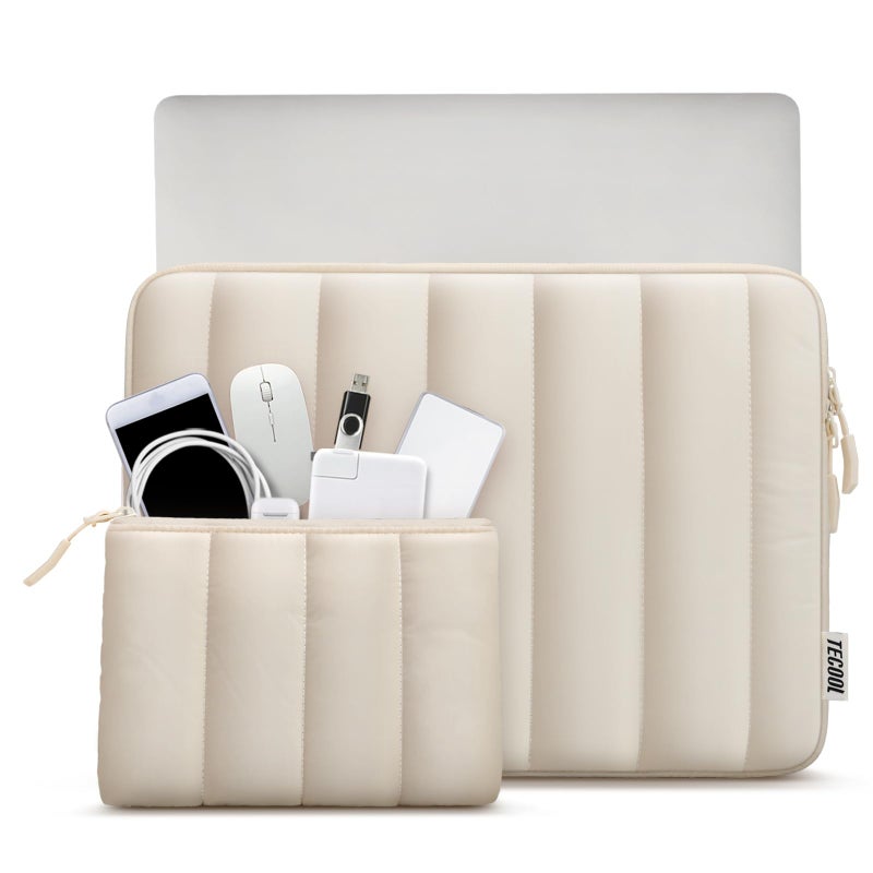 TECOOL Puffy Laptop Case 13.3 inch,13-13.3 inch Laptop Sleeve for MacBook Air 13 inch M5(2026) M4 M3 M2 M1,Macbook Neo 13 A18, Mac Pro 13/Mac Pro 14 M5 Waterproof Notebook Sleeve with Small Case,Beige - Image 2