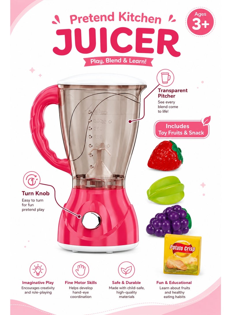 Pink Toy Juicer Blender Set with Pretend Fruits and Snack Box – 13 × 10 × 19cm Kitchen Appliance Role-Play Toy for Kids Ages 3+ - Image 5
