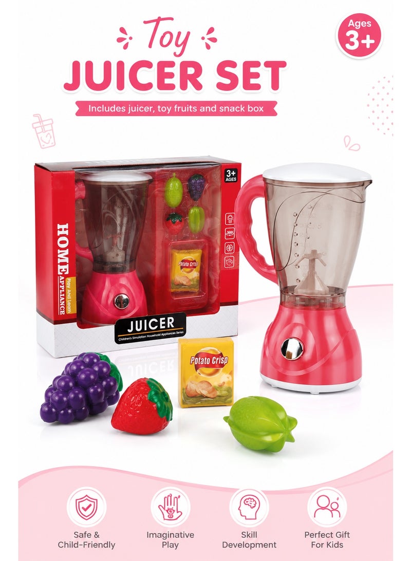 Pink Toy Juicer Blender Set with Pretend Fruits and Snack Box – 13 × 10 × 19cm Kitchen Appliance Role-Play Toy for Kids Ages 3+ - Image 2