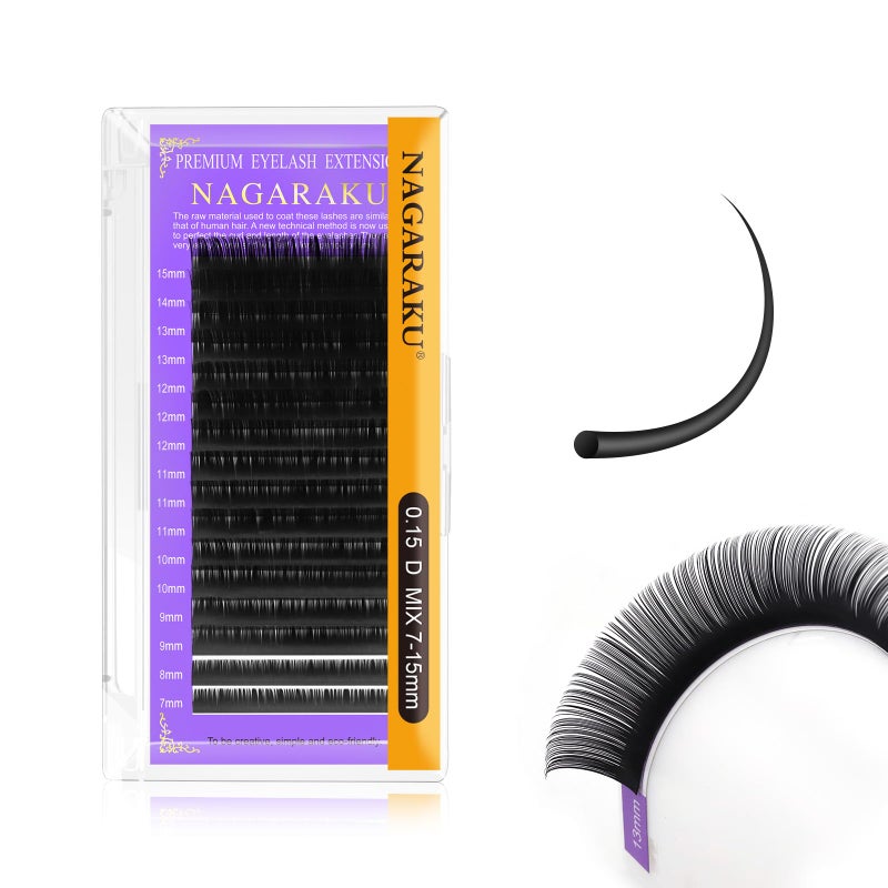 NAGARAKU Eyelash Extensions 0.15mm D curl 7-15mm Mix Tray Individual Lashes Classic Matte Black Faux Mink 16 Rows Professional Beauty Salon Supplies - Image 1