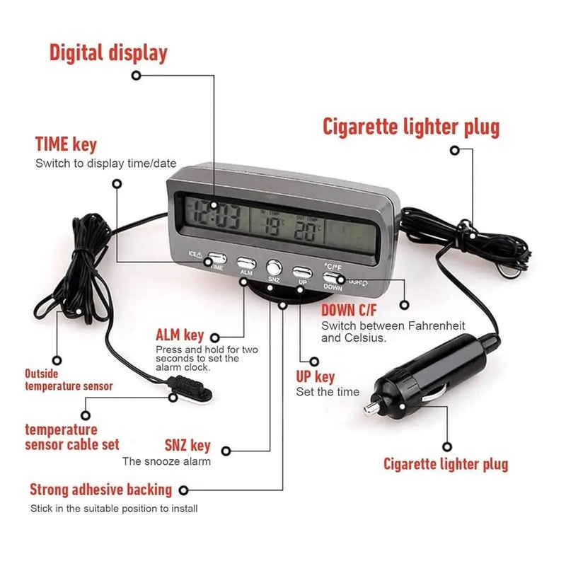 3 في 1 مقياس حرارة رقمي للسيارة ساعة فولتميتر شاشة عرض LED مراقب درجة الحرارة 12 فولت تيار مستمر - Image 3